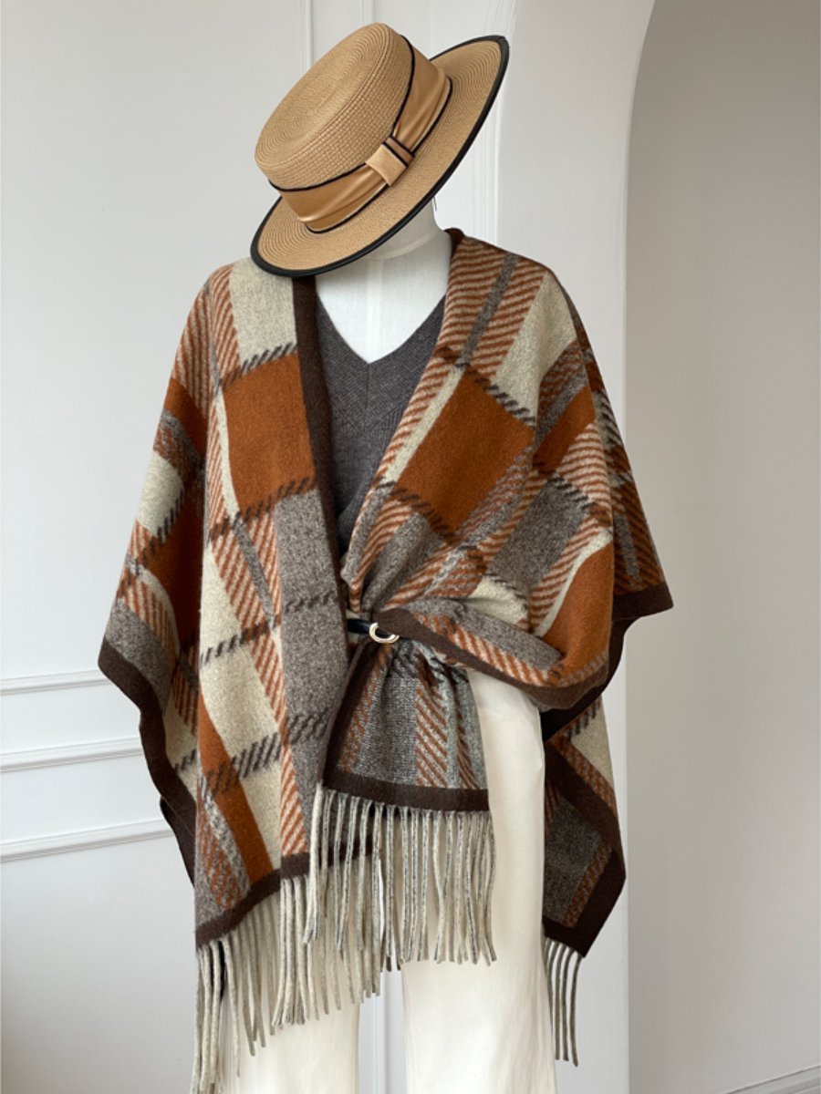 Fall Plaid Fringed Poncho