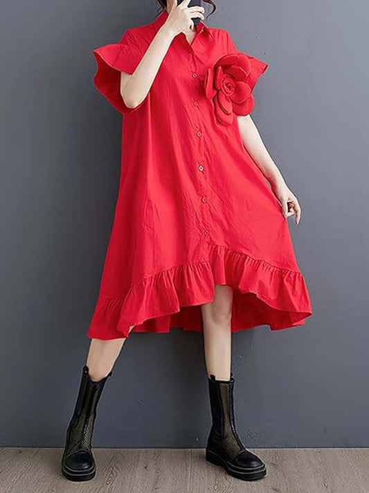 Ruffle Hem Flower Button Down Dress