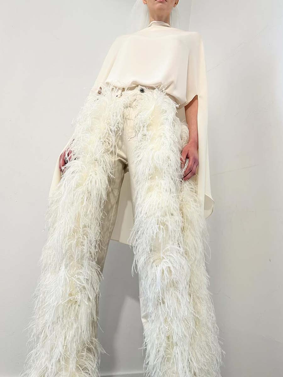 Stretch Cotton Twill Denim Pants with Feathers