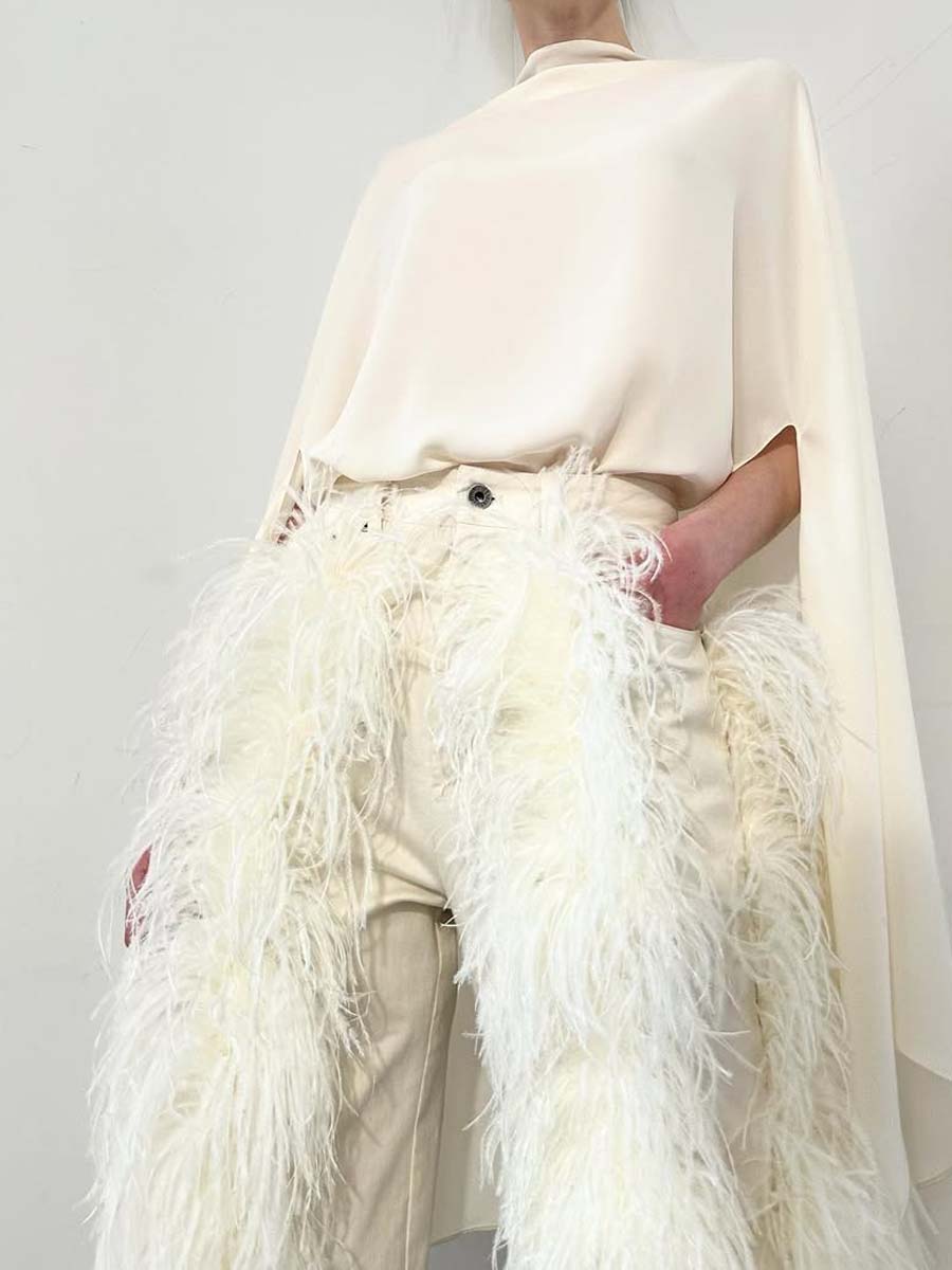 Stretch Cotton Twill Denim Pants with Feathers