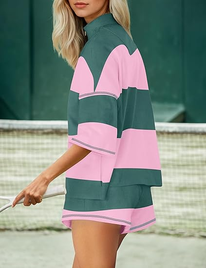 2 Piece Stripe Half Sleeve Oversized Shirts Shorts Set