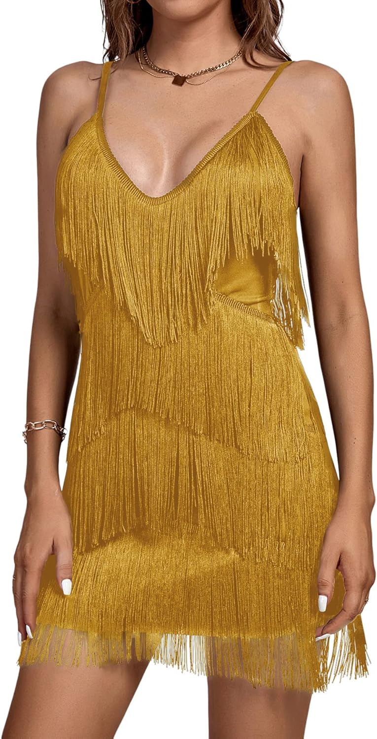 Layered Fringe Deep V Neck Dress
