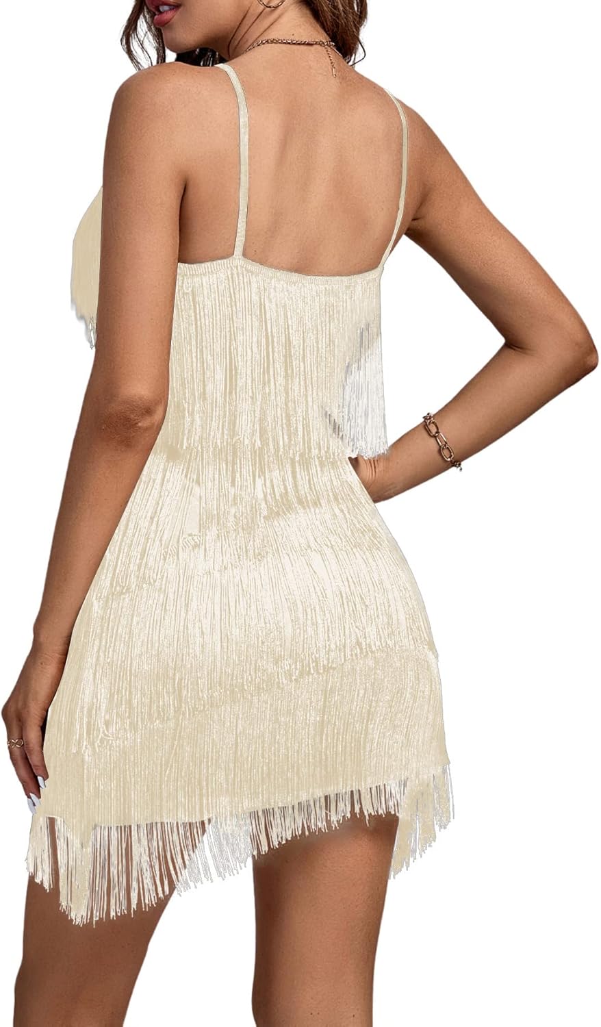 Layered Fringe Deep V Neck Dress