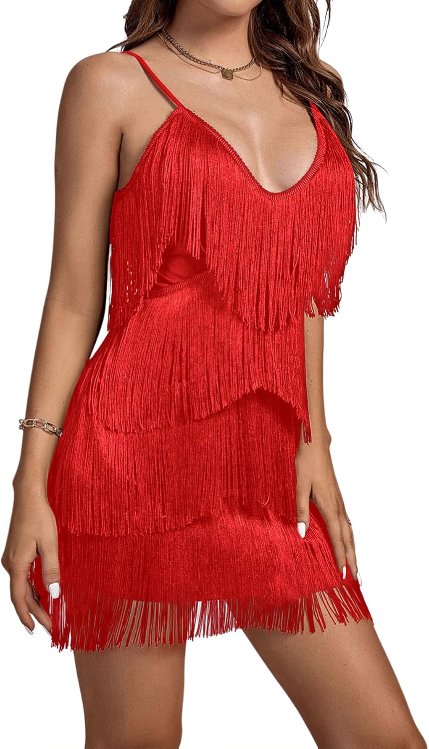 Layered Fringe Deep V Neck Dress