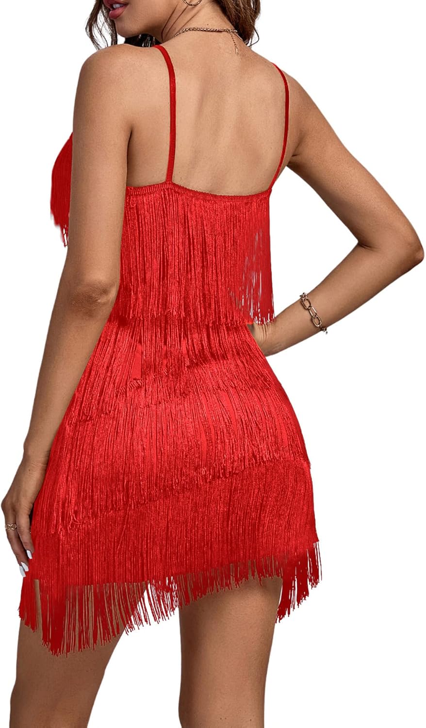 Layered Fringe Deep V Neck Dress