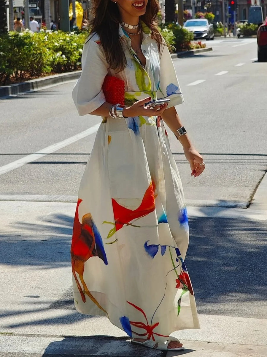 Casual Floral Loosen Shirt Collar Maxi Dress With Belt