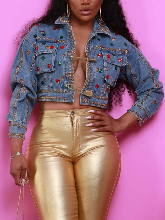 Bear With Me Embellished Cropped Denim Jacket