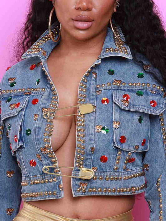 Bear With Me Embellished Cropped Denim Jacket