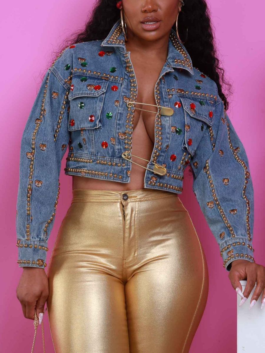 Bear With Me Embellished Cropped Denim Jacket