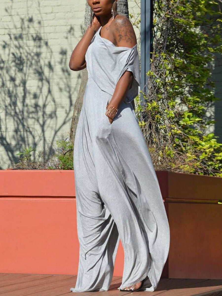 Casual Solid Color Asymmetrical Neckline Loose Jumpsuit
