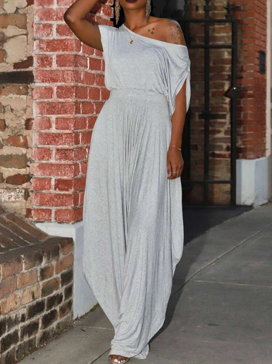 Casual Solid Color Asymmetrical Neckline Loose Jumpsuit