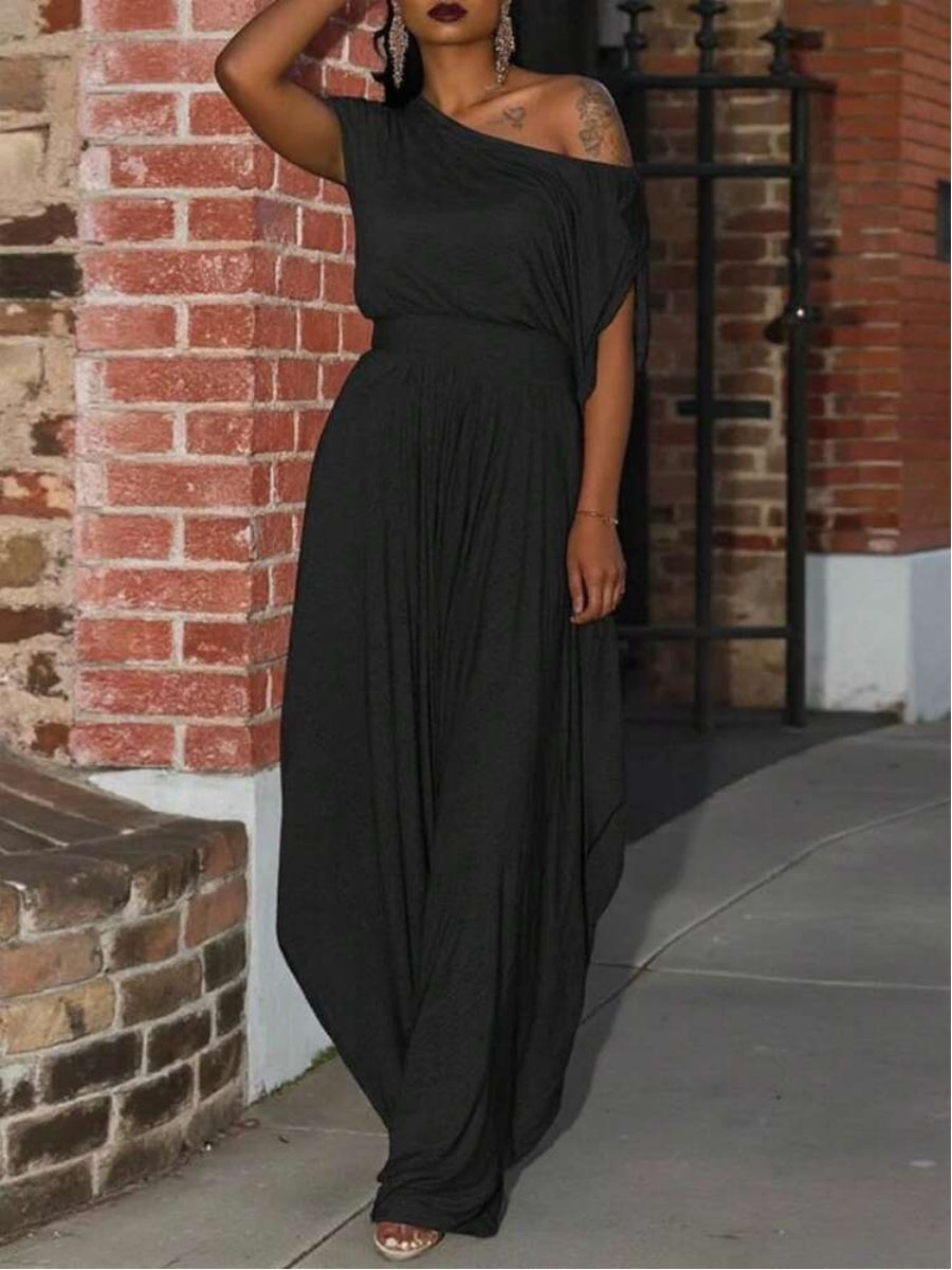 Casual Solid Color Asymmetrical Neckline Loose Jumpsuit