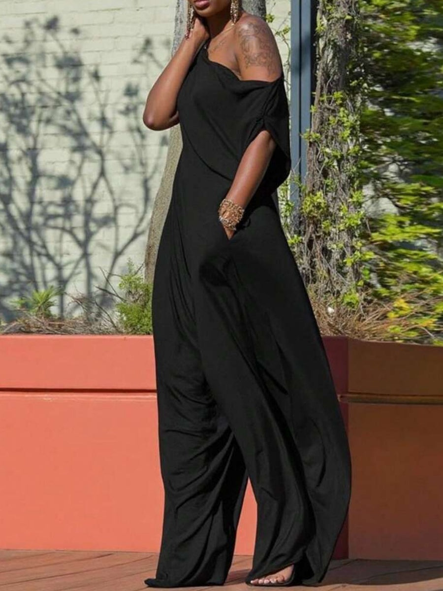 Casual Solid Color Asymmetrical Neckline Loose Jumpsuit