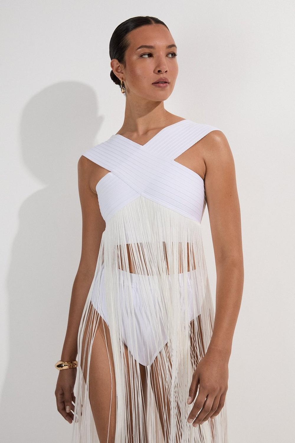 Bandage V Neck Cut Out Fringed Top