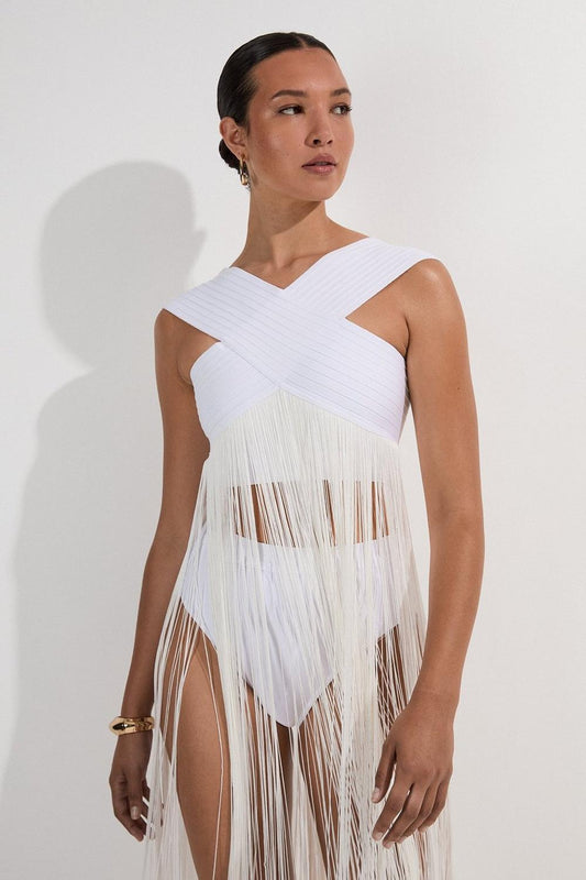 Bandage V Neck Cut Out Fringed Top