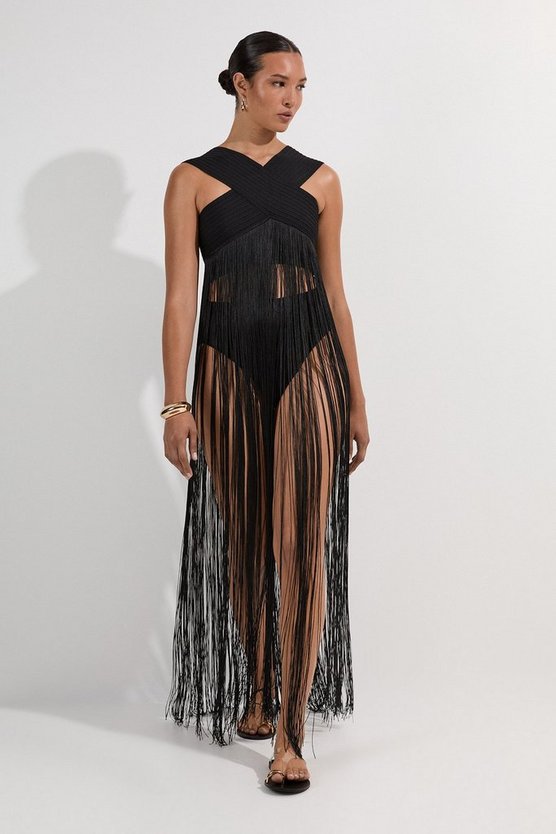 Bandage V Neck Cut Out Fringed Top