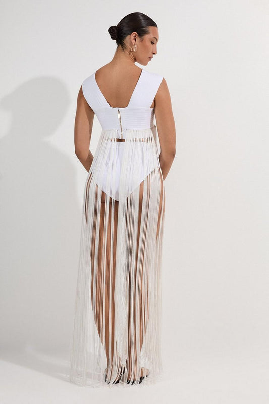 Bandage V Neck Cut Out Fringed Top