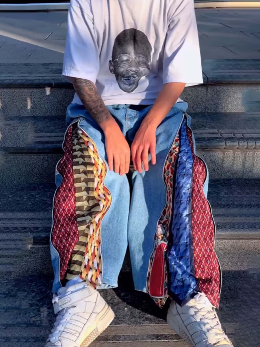 Denim Patchwork Printed Zip Up Pants