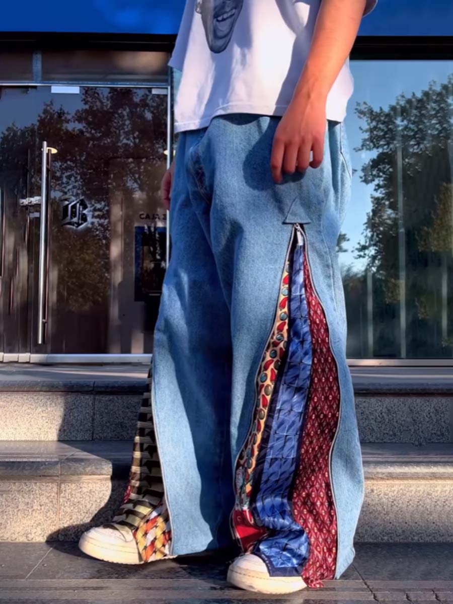 Denim Patchwork Printed Zip Up Pants