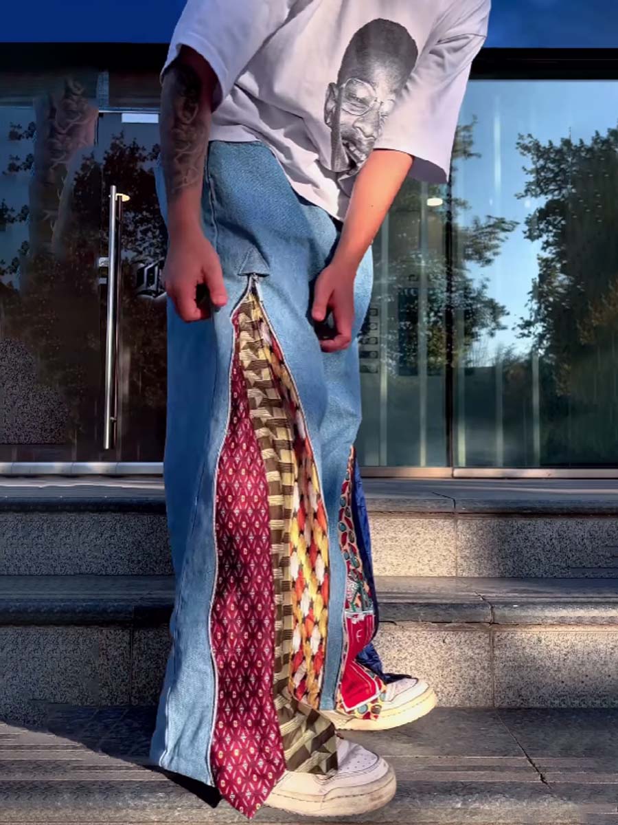 Denim Patchwork Printed Zip Up Pants