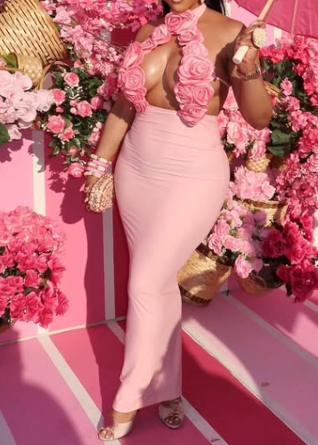 Pink Flower Slim Maxi Dress