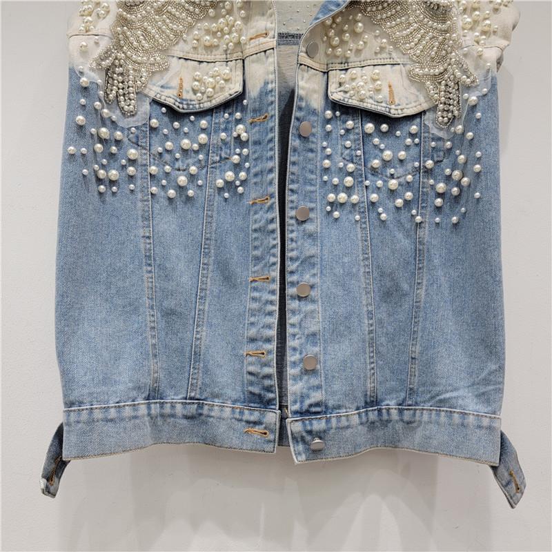 Oversized Pearls Denim Vest Jacket