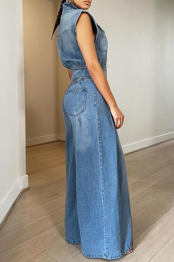 Chic Washed Denim Wide-Leg Jumpsuit