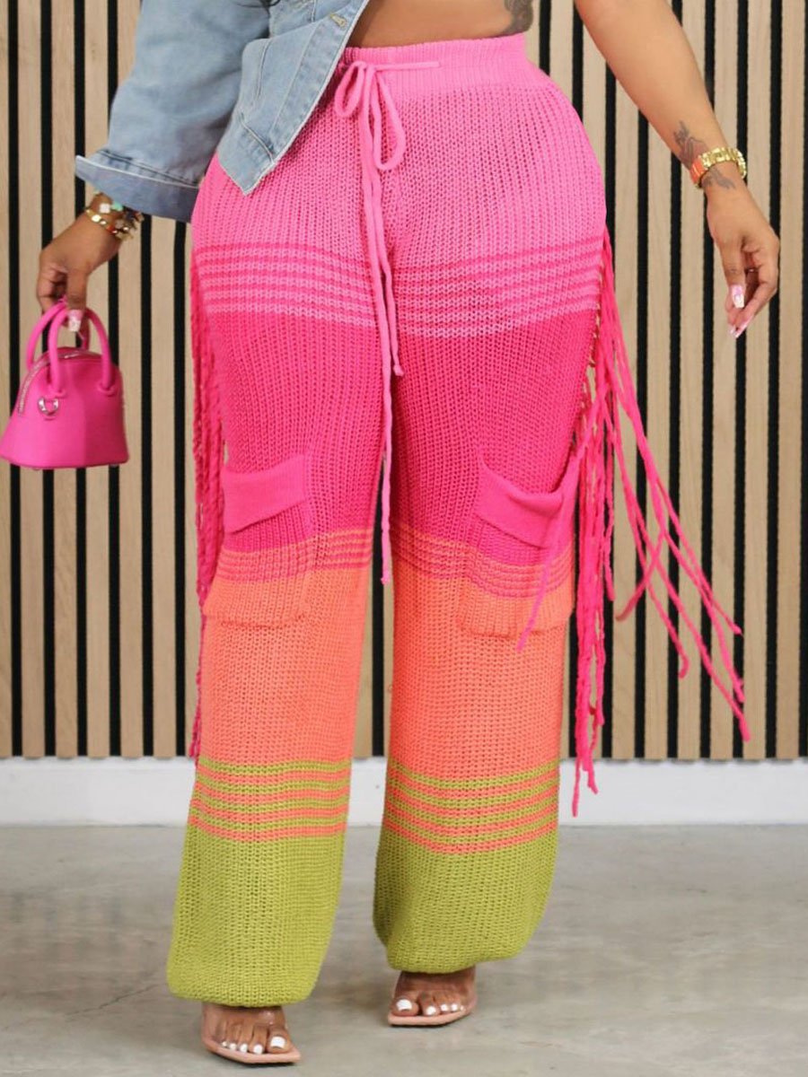 Casual Knitted Colorblock Tassel Loose Pants