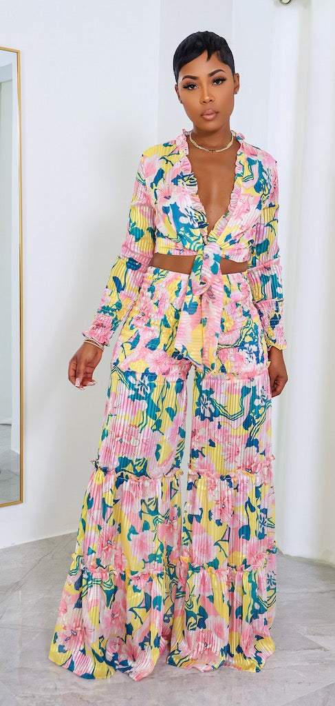 Pleated Print V-neck Suit