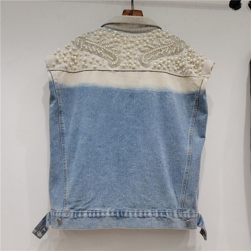 Oversized Pearls Denim Vest Jacket