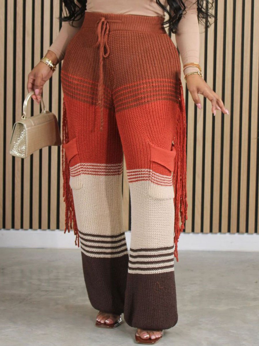 Casual Knitted Colorblock Tassel Loose Pants