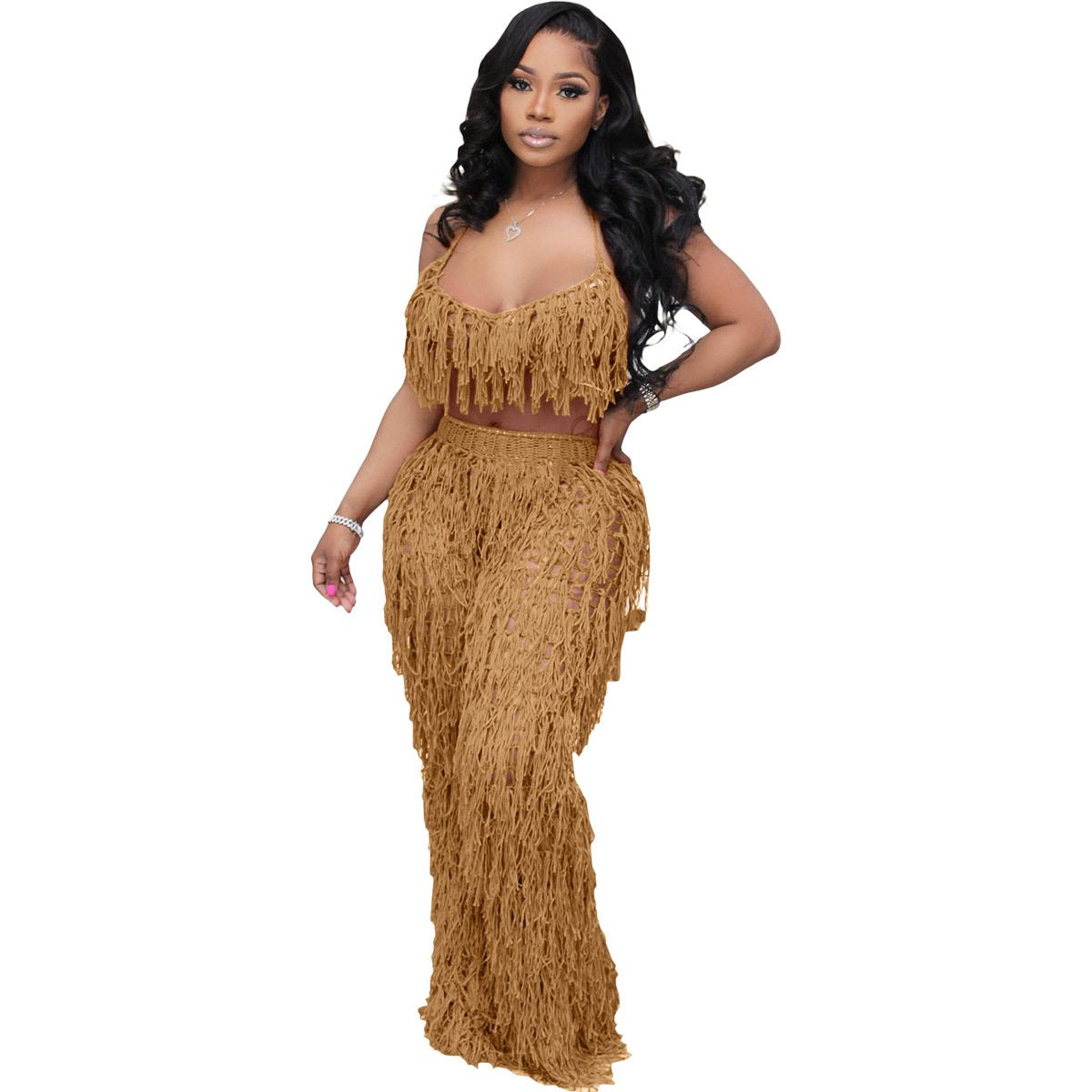 Sexy Perspective Knitted Tassel Set