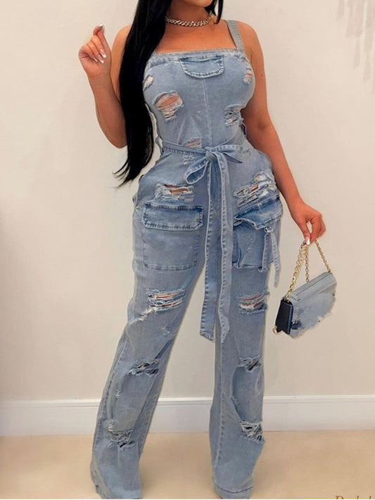 Elathe Ripped Tassel Denim Jumpsuit