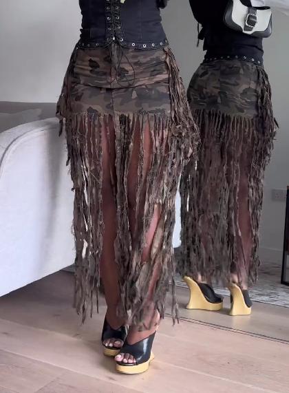 Fringed brushed camouflage skirt