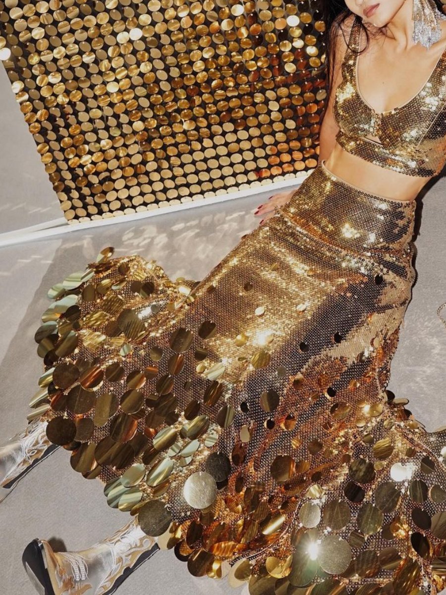 Gold Sequin Flared Skirt
