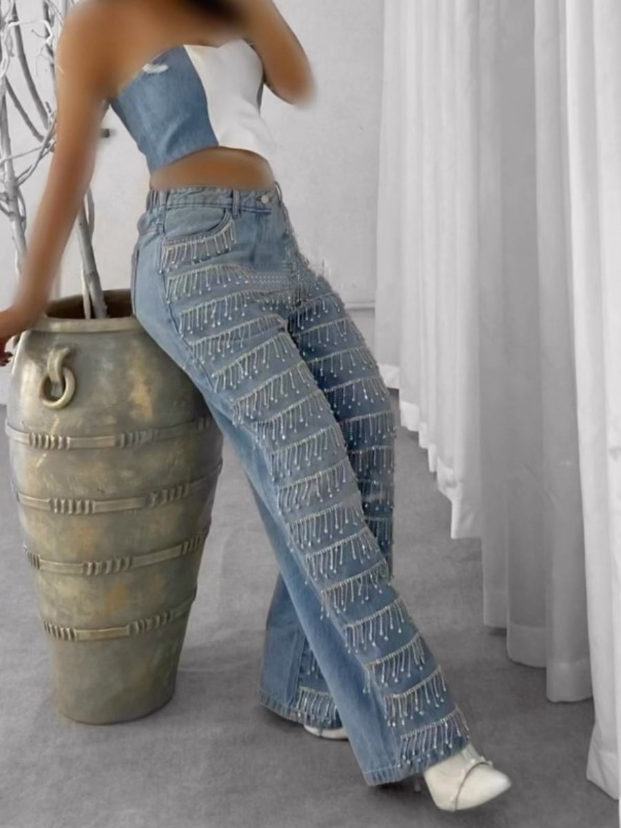 Shinning Fringed Denim Pants