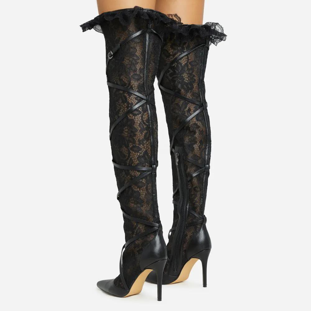 LACE UP FRILL DETAIL POINTED TOE STILETTO HEEL OVER THE KNEE THIGH HIGH BOOT