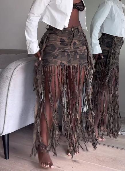 Fringed brushed camouflage skirt