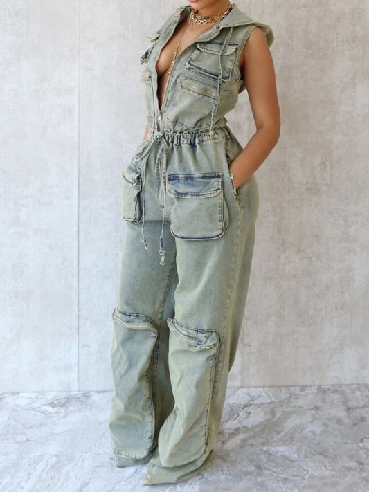 Hooded Tooling Stretch Denim Jumpsuit