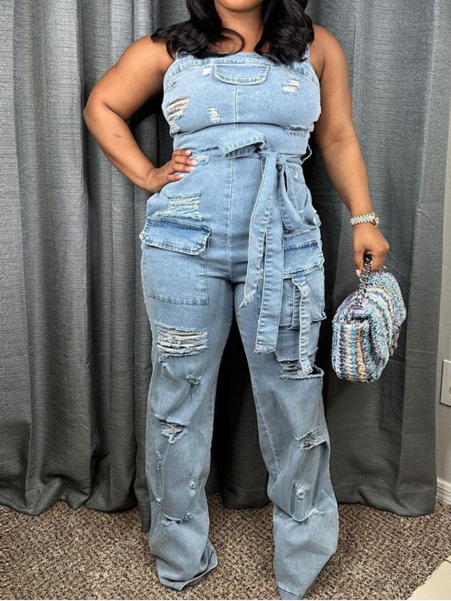 Elathe Ripped Tassel Denim Jumpsuit