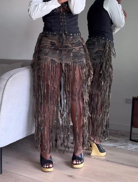 Fringed brushed camouflage skirt