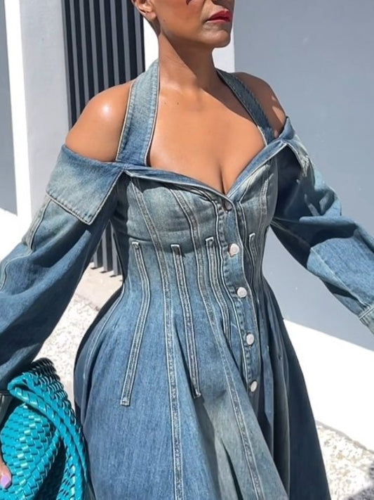 Denim Dress With Waist Cut