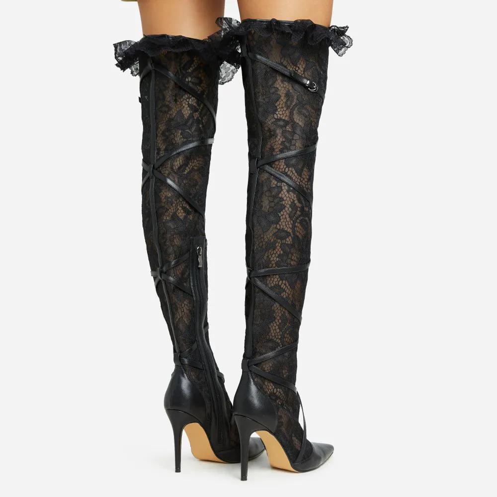 LACE UP FRILL DETAIL POINTED TOE STILETTO HEEL OVER THE KNEE THIGH HIGH BOOT