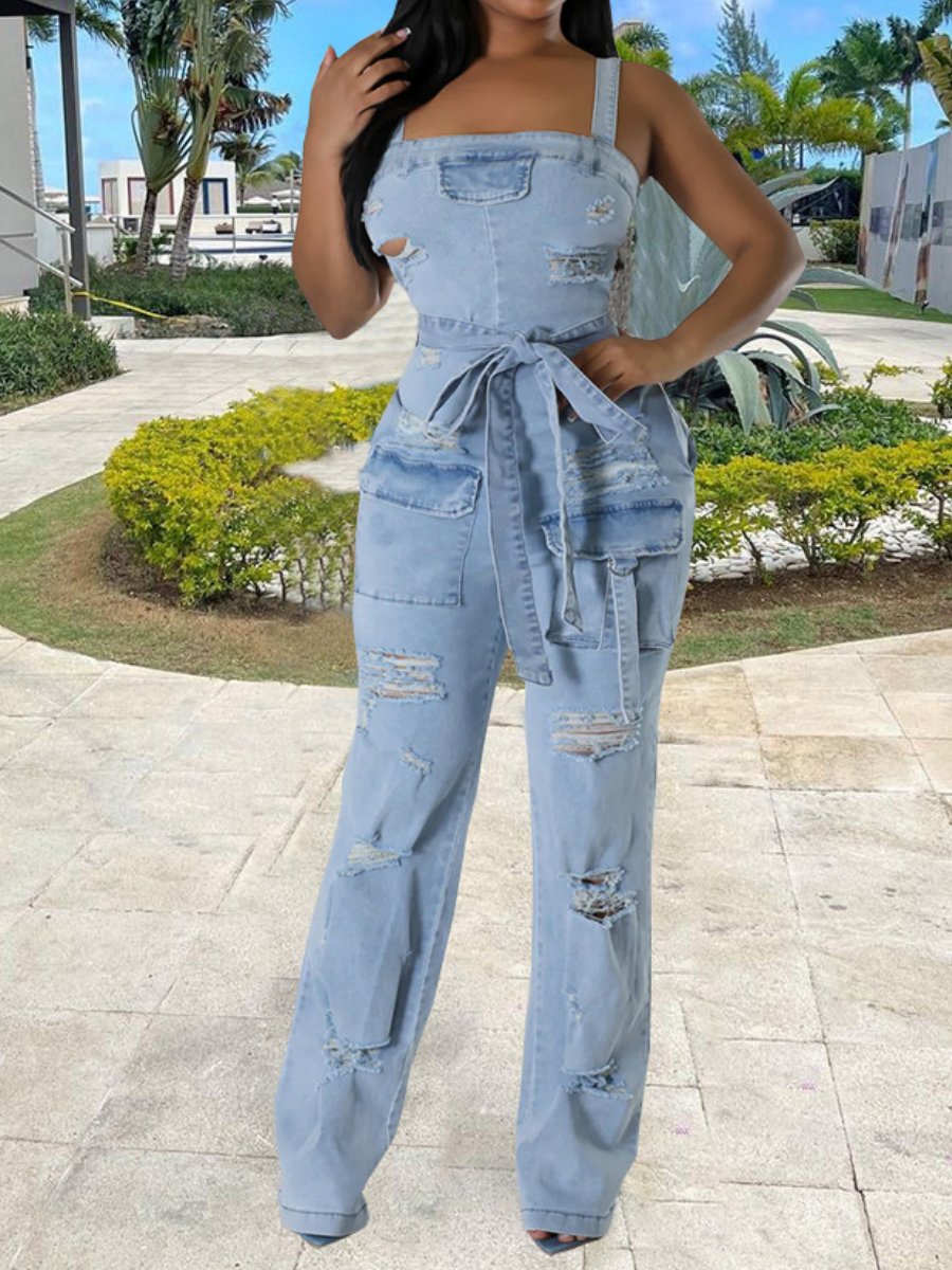 Elathe Ripped Tassel Denim Jumpsuit