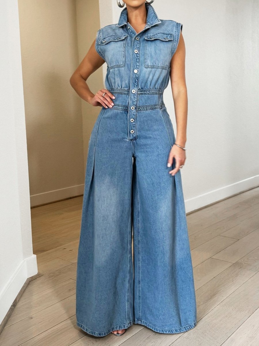 Chic Washed Denim Wide-Leg Jumpsuit