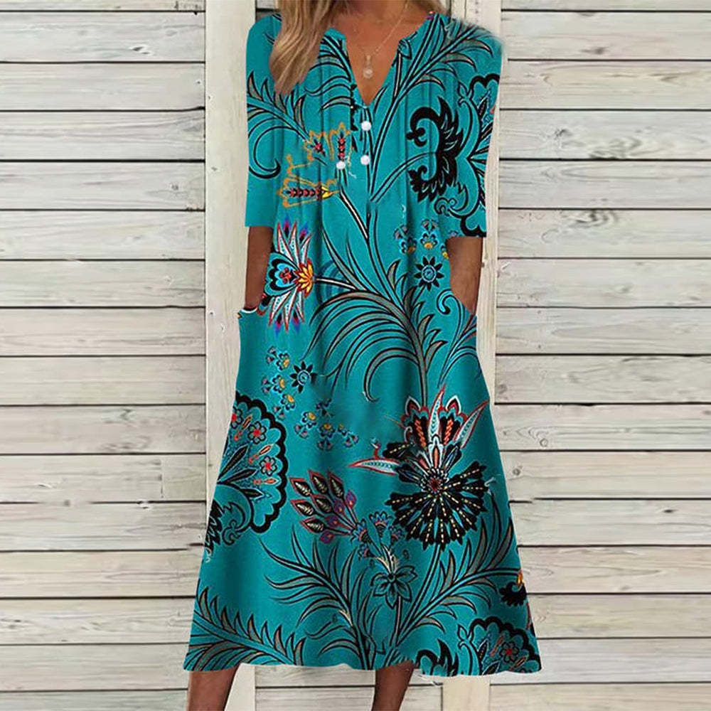 Print V-neck Button Short Sleeve Dress