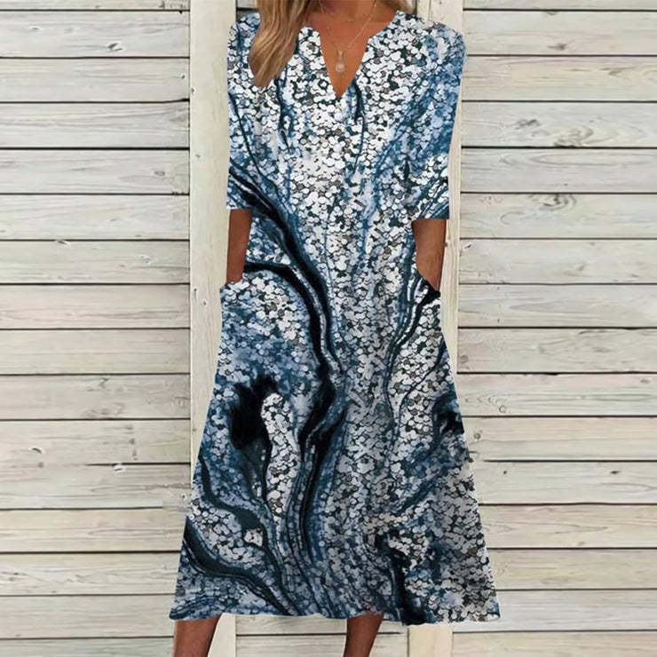 Print V-neck Button Short Sleeve Dress