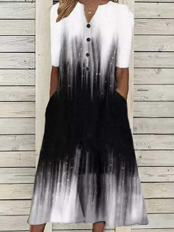 Print V-Neck 3/4 Sleeve Midi Dress