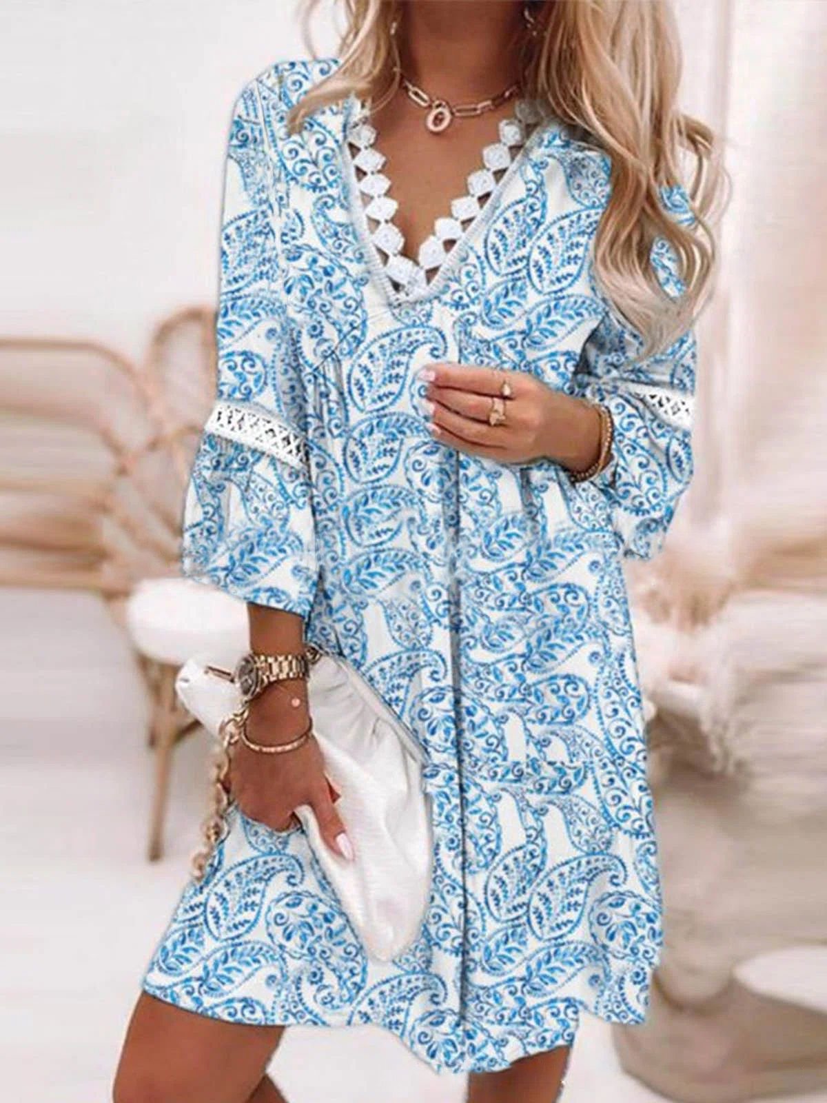 V-neck Loose Printed Dress