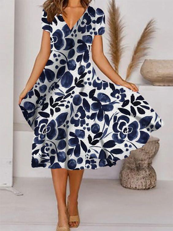 Flower Print V-neck Short Sleeve Dress
